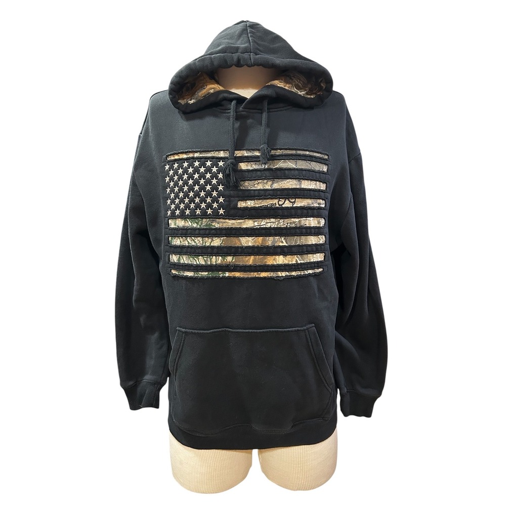 Buck Wear Mens Real tree Camo American Flag Hoodie Black Fleece Sweatshirt Large